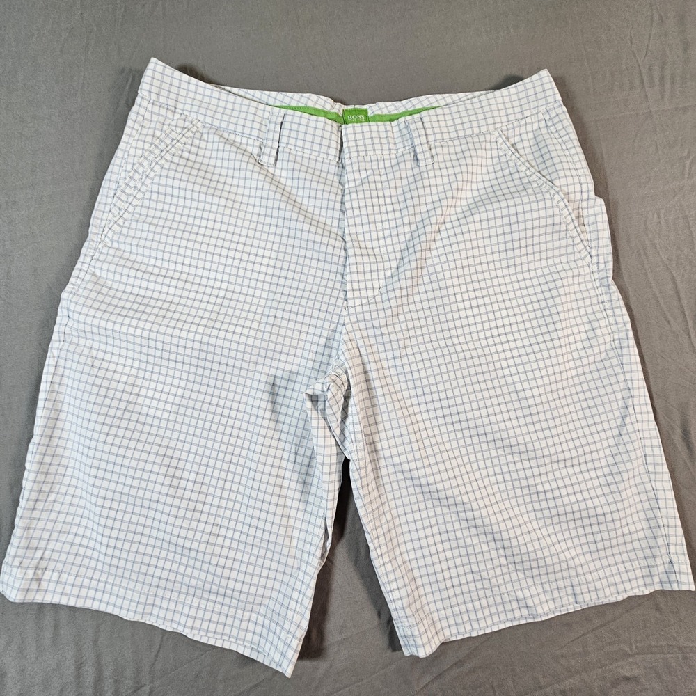 HUGO BOSS  Shorts Mens 36 Plaid Cargo Golf Preppy Casual White Blue Check